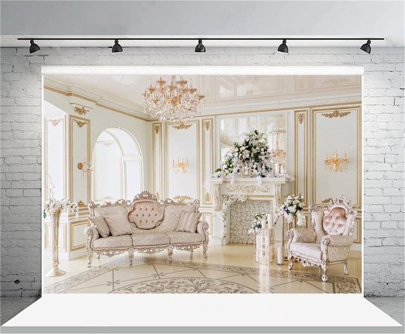AOFOTO 8x6ft Luxury Indoor Furnishing Backdrop Chandelier Chair Mantel Flower Photography Background Adult Portrait Aristocratic Interior Decoration Photo Shoot Studio Props Video Drop Wallpaper Drape - Image 1
